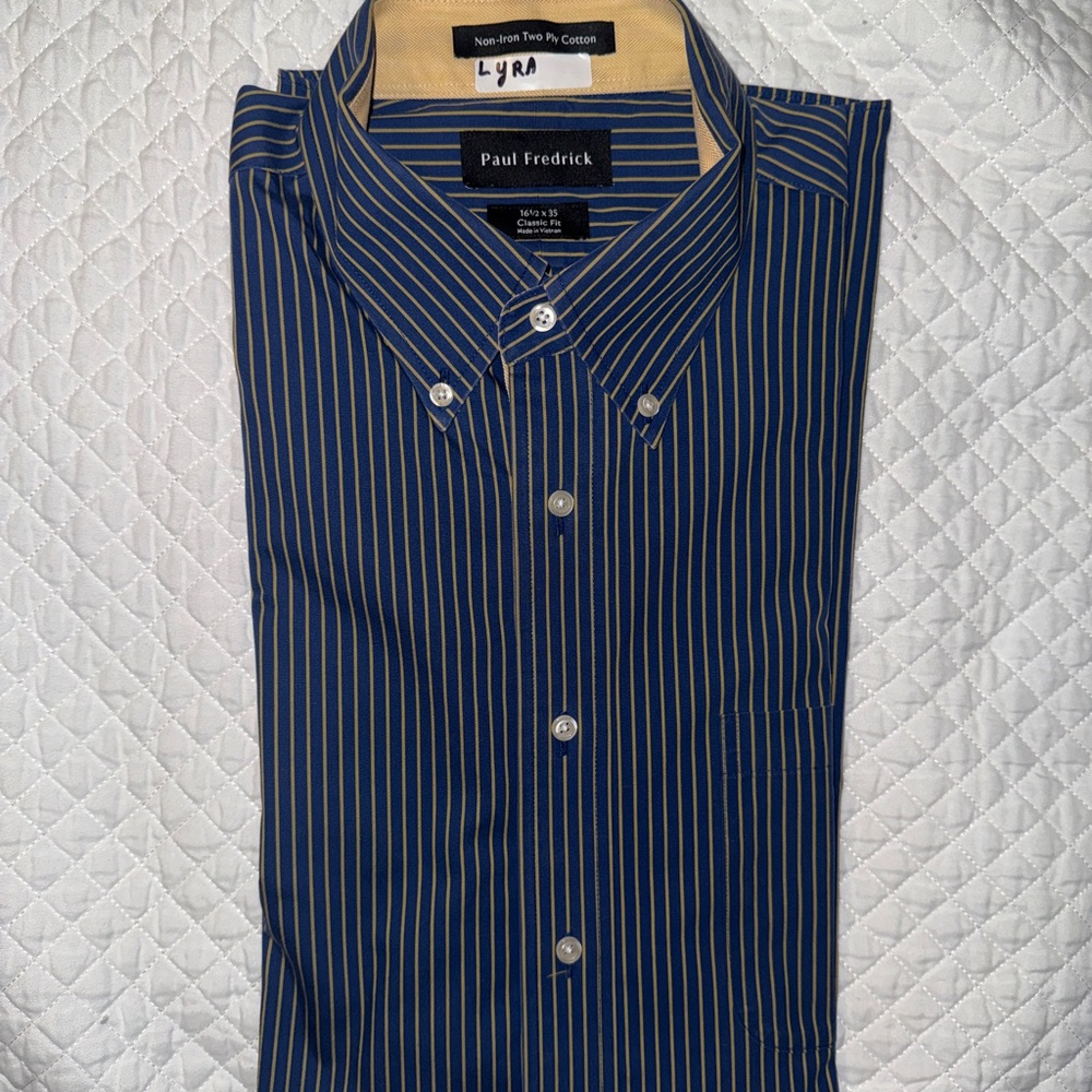 Paul Fredrick Navy and Gold Striped Shirt
